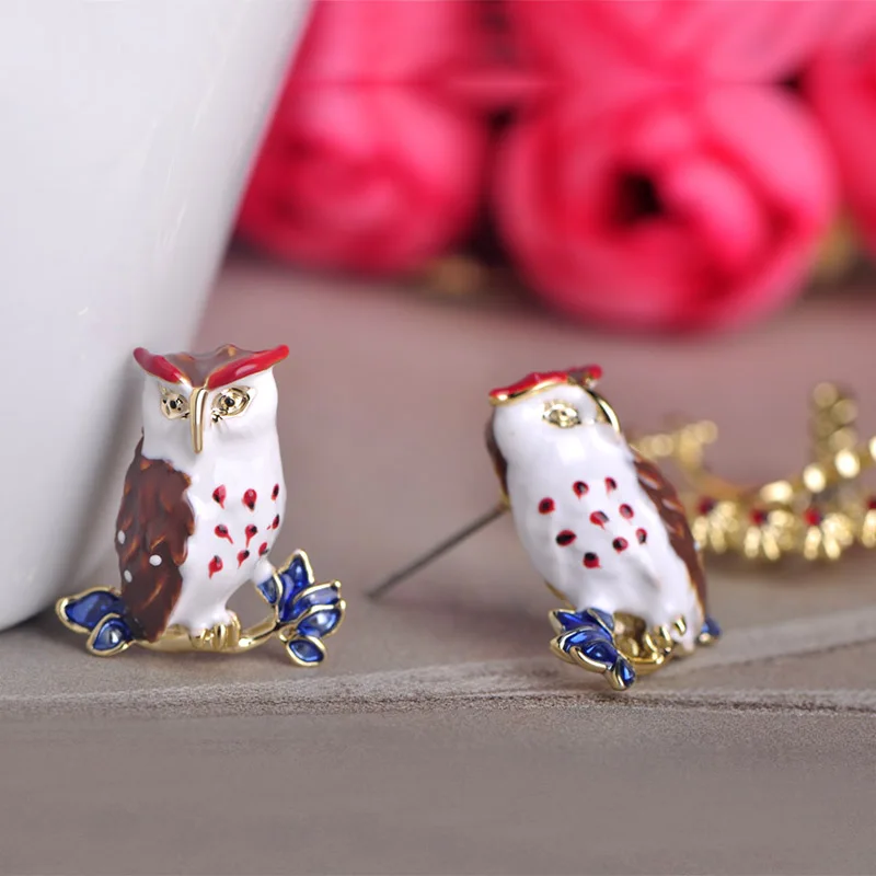 Madrry Kawaii Owl Shape Enamel Drop Earrings Red Crystal Bird Ear Jewelry Women Girls Party Accessories Harajuku Pendant Earring |