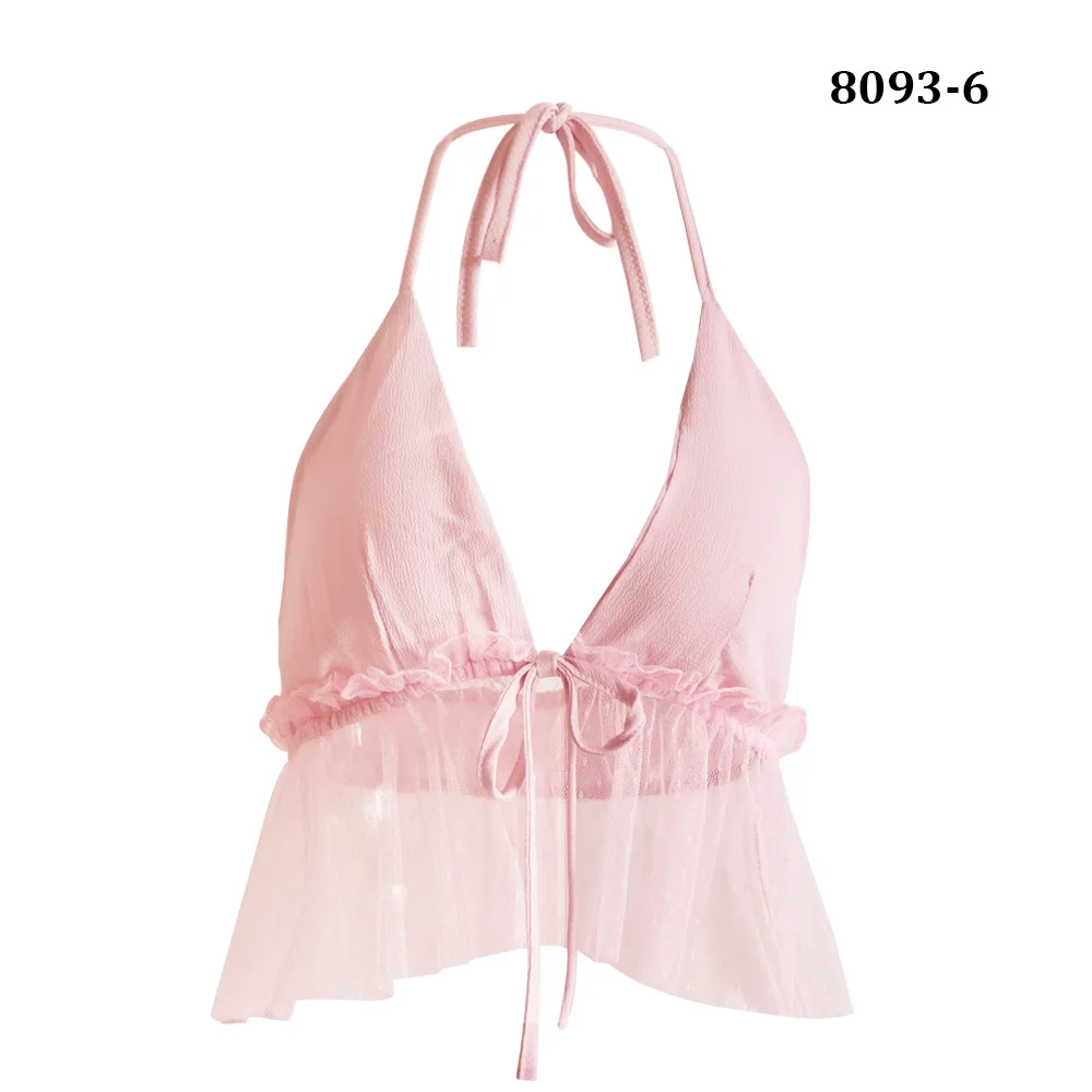 Sexy Mesh Halter Deep V-Neck Women's Laides Chiffon Solid Ruffles 8 Colors Tops Tees Tanks Camis Vests - Цвет: Pink