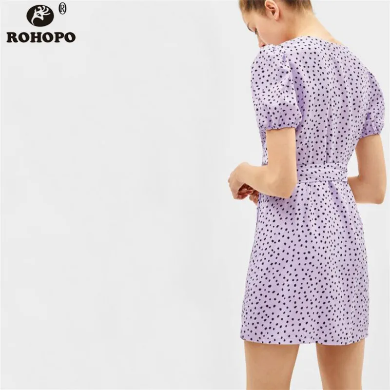 ROHOPO женское фиолетовое мини платье в горошек с поясом милое праздничное