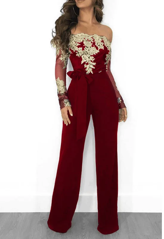 Red Rim Jumpsuit Adogirl сексуальный кружевной комбинезон из кусков для женщин с открытыми плечами и вырезом лодочкой с длинным рукавом женский комбинезон Повседневный тонкий комбинезон с широкими штанинами - Цвет: Red Rim Jumpsuit