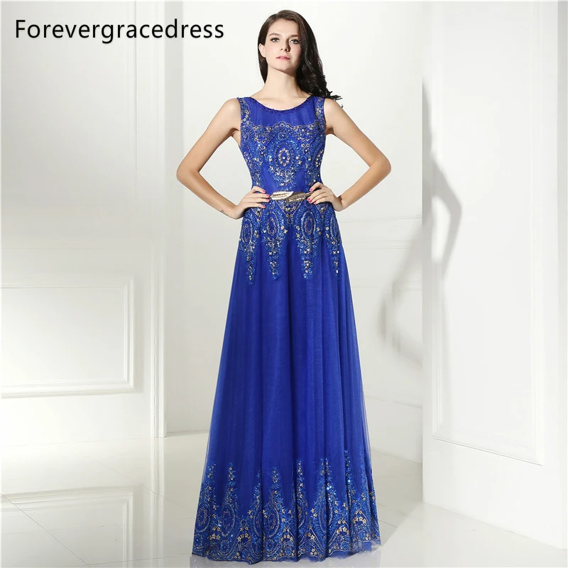 

Forevergracedress Elegant Blue Long Evening Dress New Style Sleeveless Lace Formal Party Gown Plus Size Custom Made