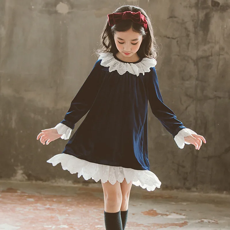 Christmas velvet teenage winter 2019 girls dresses fleece dress for girl lace patchwok long sleeve princess autumn baby | Детская одежда