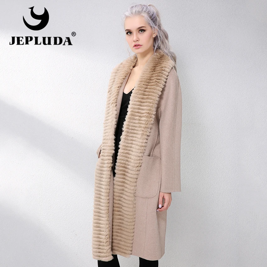 JEPLUDA New Cashmere Coat Women Genuine Rex Rabbit Fur Lapel Collar Wool long Real Leather Jacket Women|Шубы и дубленки| |