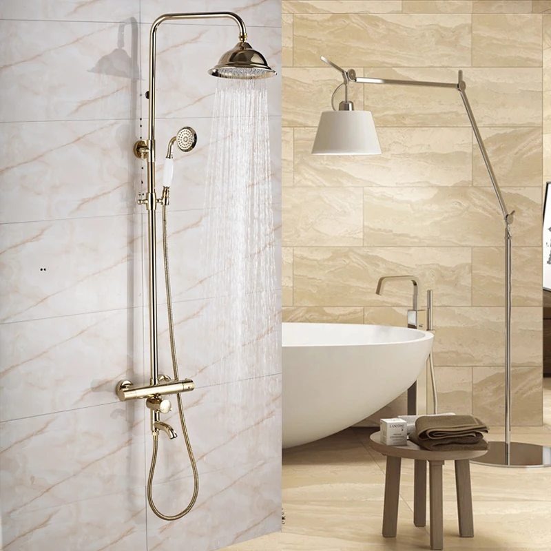 Золотой двойной ручкой для ванной Душевой набор с термостатический смеситель