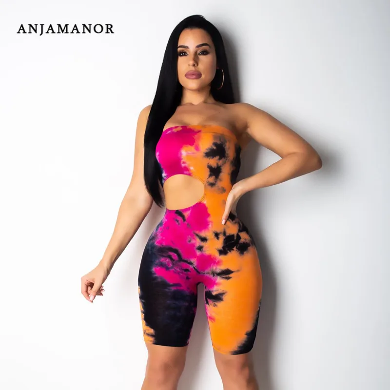 ANJAMANOR галстук краситель без бретелек вырезанный Короткий Bodycon Jumsuit сексуальный