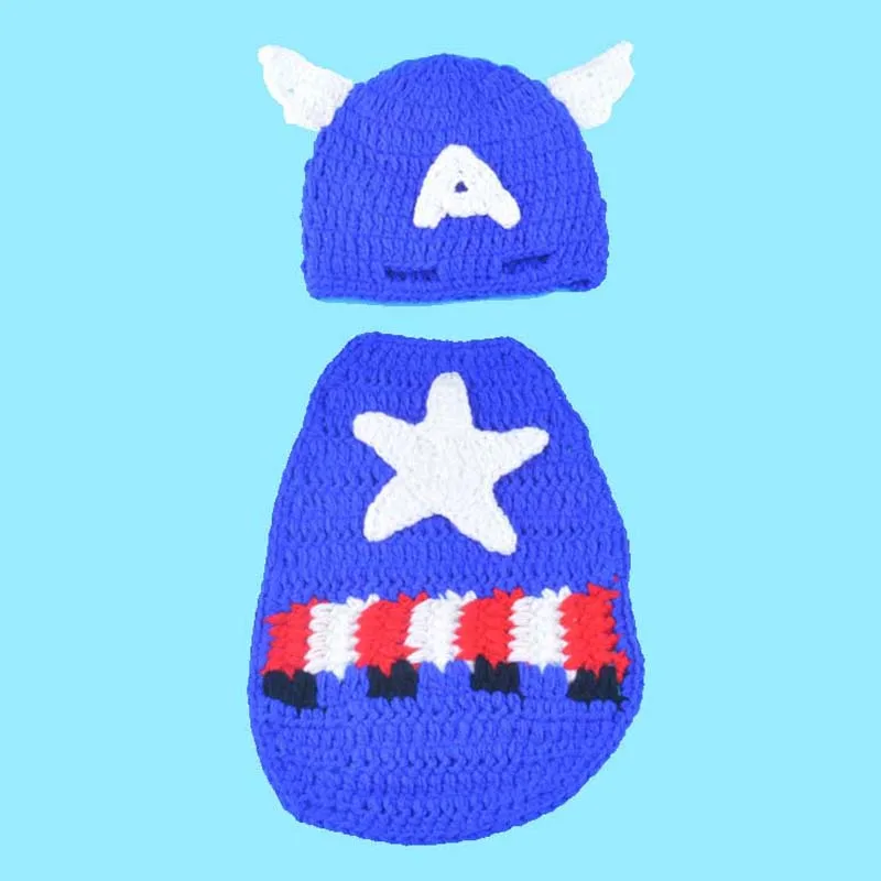 Crochet Pattern Captain America Newborn Photo Prop Outfit Knitted Baby Hat with Cape Handmade Infant Costume Set H231 | Детская одежда