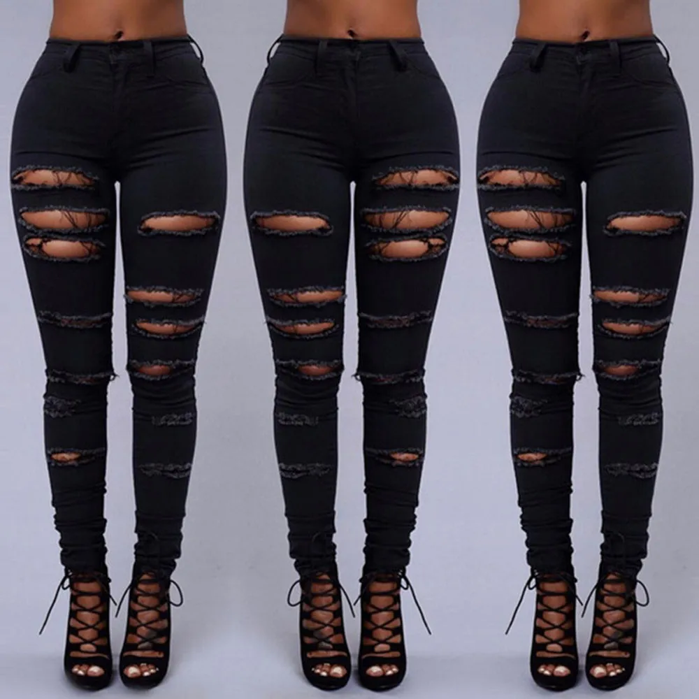 Fashion Women Mid Waisted Skinny Hole Denim Jeans Stretch Slim Pants Calf Length 9.7 | Женская одежда
