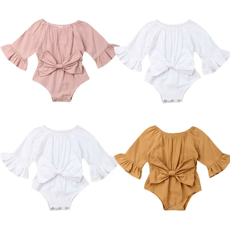 

pudcoco Newborn Infant Baby Girls Clothes Flared Long Sleeve Rompers Jumpsuit Summer Bowknot Lovely Solid Cute Outfit Sunsuit