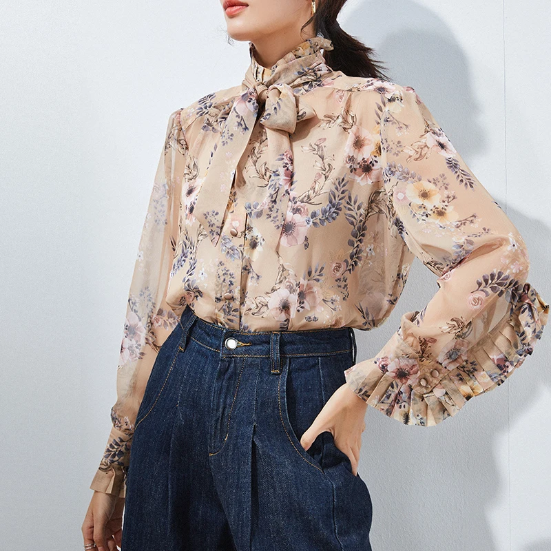 Women Floral Long Sleeve Chiffon Blouse Formal Female Stand Collar Top High Street OL Runway Summer Shirt |