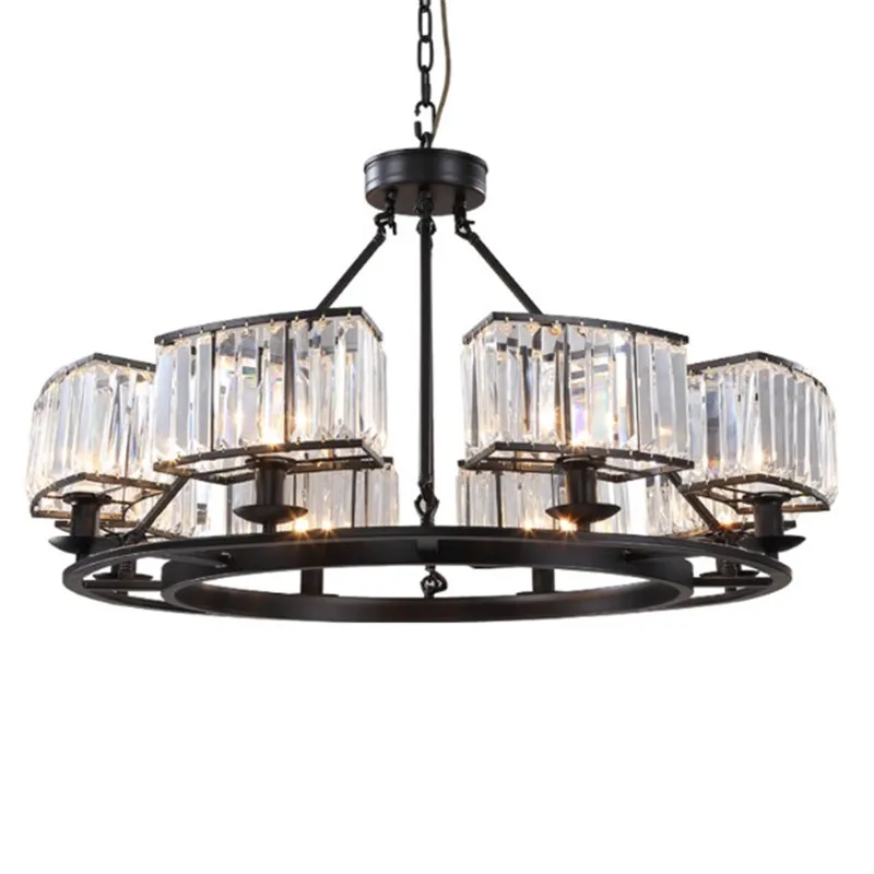 

American Retro Wrought Iron Crystal Shade Pendant Chandelier Industrial Lamp Fitting for Living Room Rustaurant Kitchen