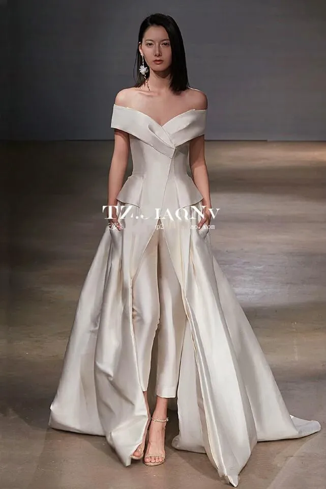 

Women Jumpsuit With Long Train White Evening Dresses Off Shoulder Sweep Train Elegant Prom Dress Party Zuhair Murad Dress