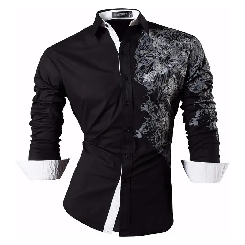 JZS048-Black Sportrendy Мужская рубашка платье повседневное с длинным рукавом Slim Fit Мода Дракон стильный JZS041 - Цвет: JZS048-Black