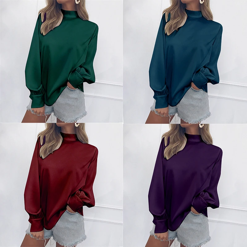 2018 New Autumn Blouses Women Solid Long Sleeve Blouse Casual Lantern Stand Collar Shirt Fashion Elegant Ladies |