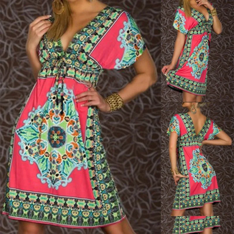 2016 Горячие Продажа Женщины Сексуальное Лето Цветочный Пляж Boho Макси Сарафан