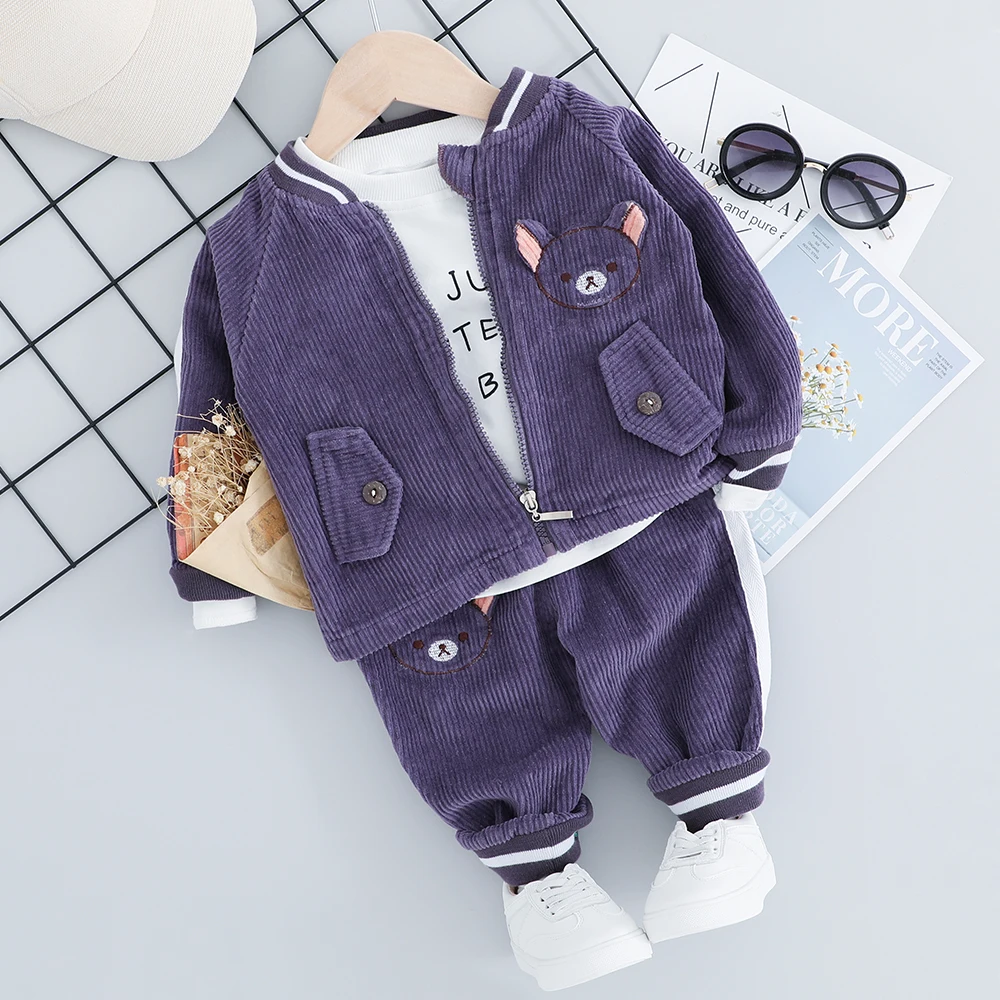 Purple No Shoes Новые детские комплекты одежды, модный осенний костюм из 3 предметов для маленьких мальчиков и девочек 1, 2, 3, 4 лет, куртка+ футболка+ штаны - Цвет: Purple No Shoes