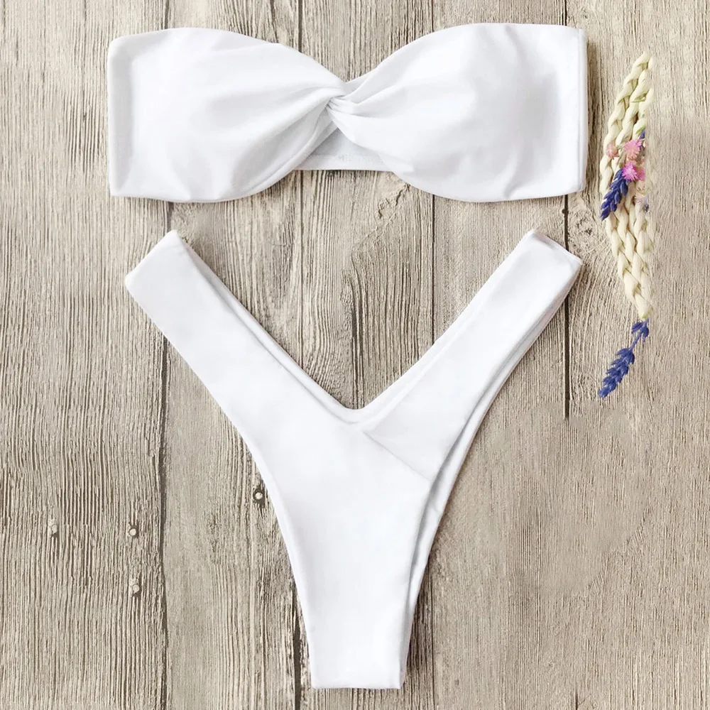Bandeau Twist Front Thong Sexy Swimwear Bikini Set Bathing Suits Padded Women Swimsuit Beach 6 Colors |