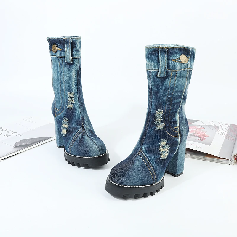 Сапоги женские джинсовые на высоком каблуке с застежкой-молнией Размеры 35-41 |