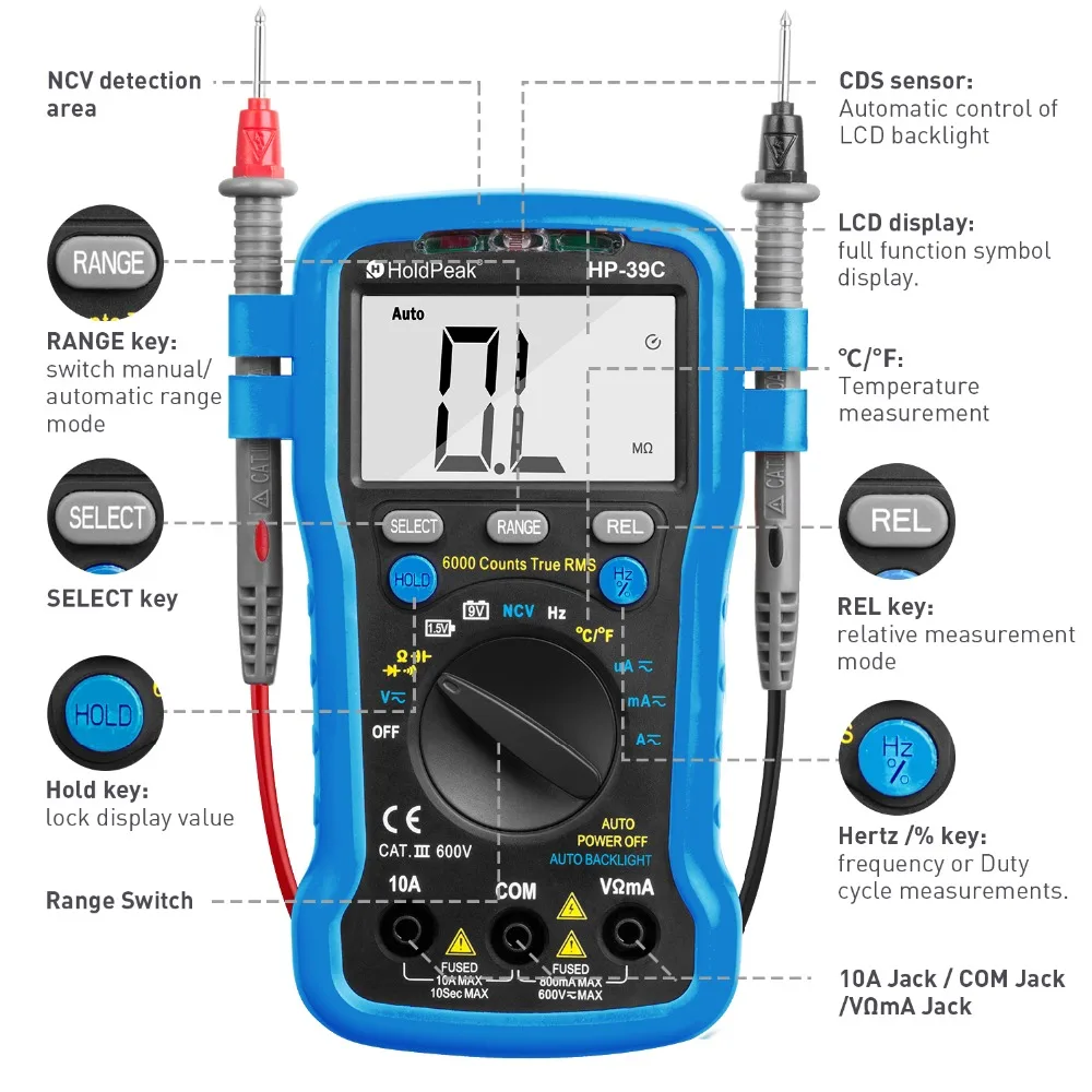 HoldPeak HP 39C Цифровой мультиметр Авто Диапазон Тестер AC/AC 6000 отсчетов True RMS НТС Ом