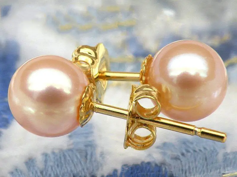 Genuine 6mm perfect round AAA+++ pink akoya pearl earring solid 14K yellow gold | Украшения и аксессуары