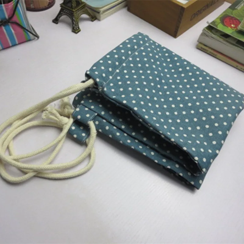 

YILE 1pc Cotton Linen Drawstring Travel Backpack Student Book Bag Green Blue w Dots 1121-6