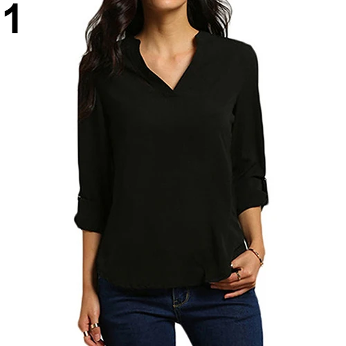 Women's Stylish Sexy V Neck Rollable Sleeve Loose Solid Chiffon Blouse Shirt