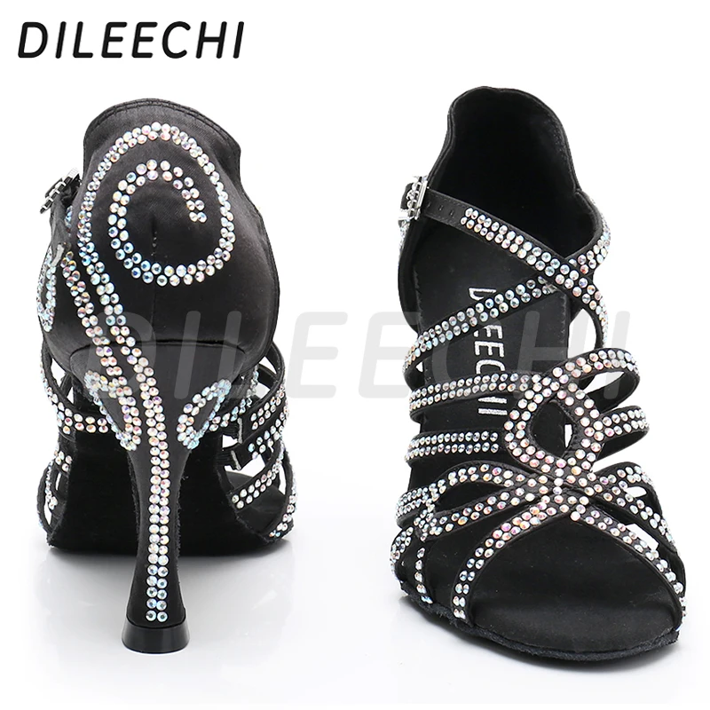 DILEECHI Latin dance shoes double Rhinestone shining Skin Black satin women Ballroom dancing shoes Cuba heel 9cm New Arrival
