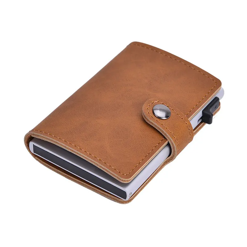 light brown RFID Блокировка, Ретро стиль, мужской кредитный держатель для карт, алюминиевый сплав, бизнес чехол для ID карты, автоматический мужской металлический кожаный держатель для карт, кошелек - Цвет: light brown
