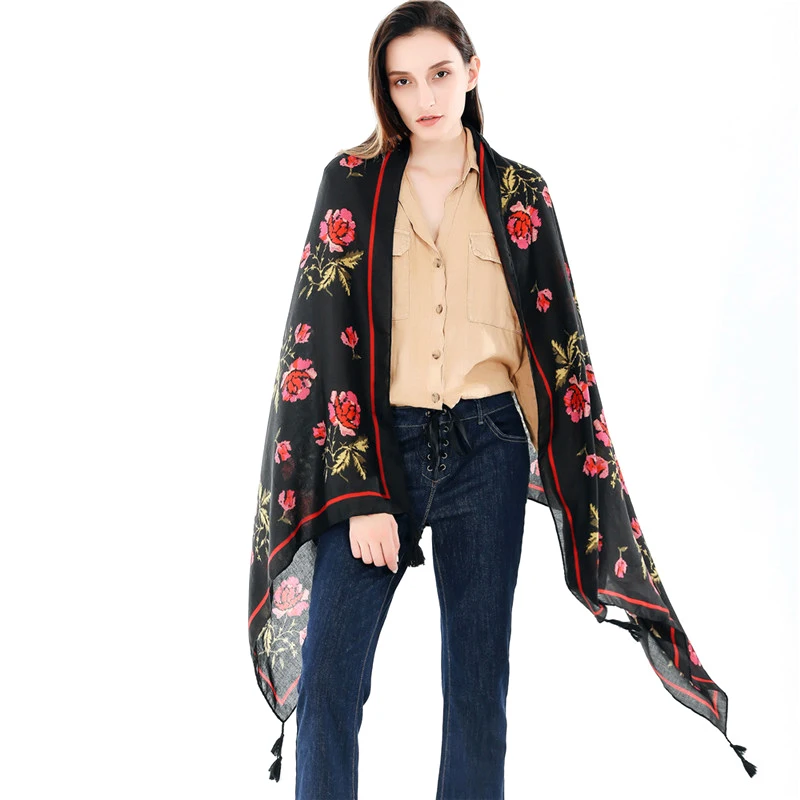 

Fashion Tassel Design Scarves Luxury Chinese Retro Style Flowers Printed Cotton Linen Oversize Women Scarf Blanket Shawl Gift