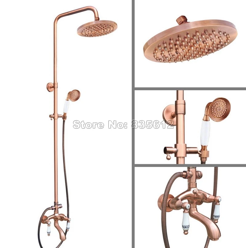 

Antique Red Copper Bathroom Rain Shower Faucet Set with 8" inch Shower Head + Dual Handles Tub Mixer tap Wall Mount Wrg536
