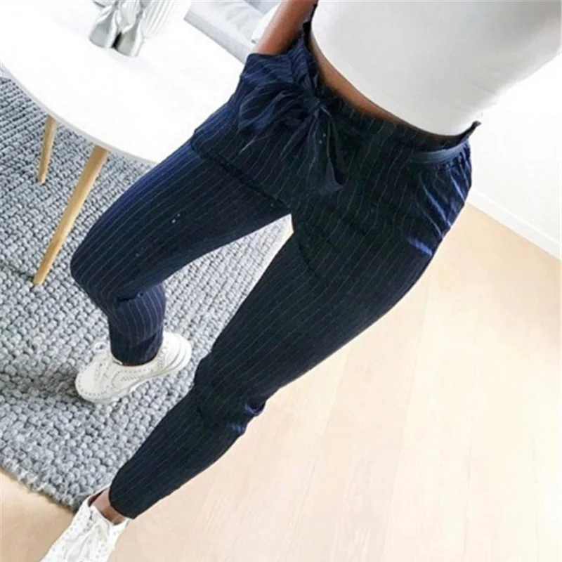 blue strips Женские брюки длиной до щиколотки, модные брюки со средней талией на шнуровке, тонкие брюки с поясом TC21 - Цвет: blue strips