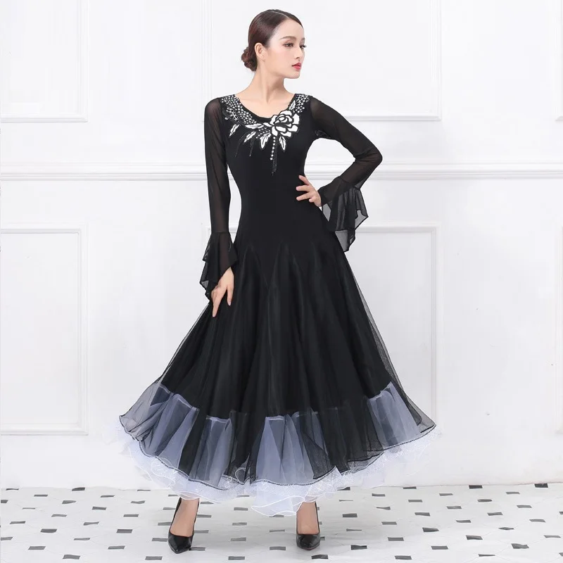 

Черное бальное платье, женское стандартное платье, танцевальные костюмы фламенко, свободное платье для бальных танцев, длинное платье валь...