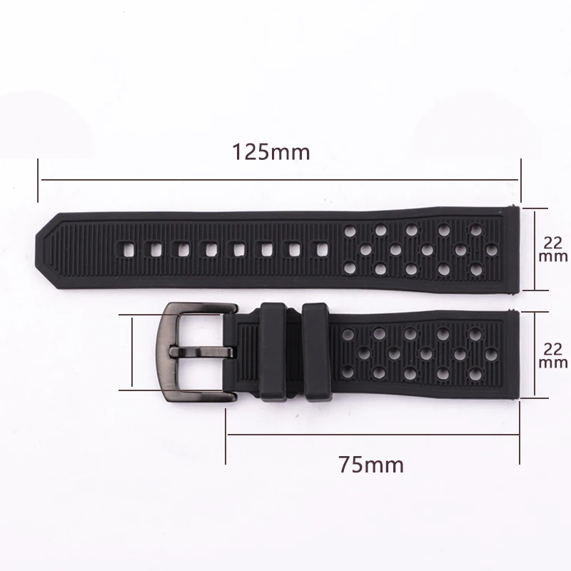 Silicone Watchbands Black Waterproof Soft Rubber 22mm Watch Band Strap Watch Accessories 316l Steel Buckle