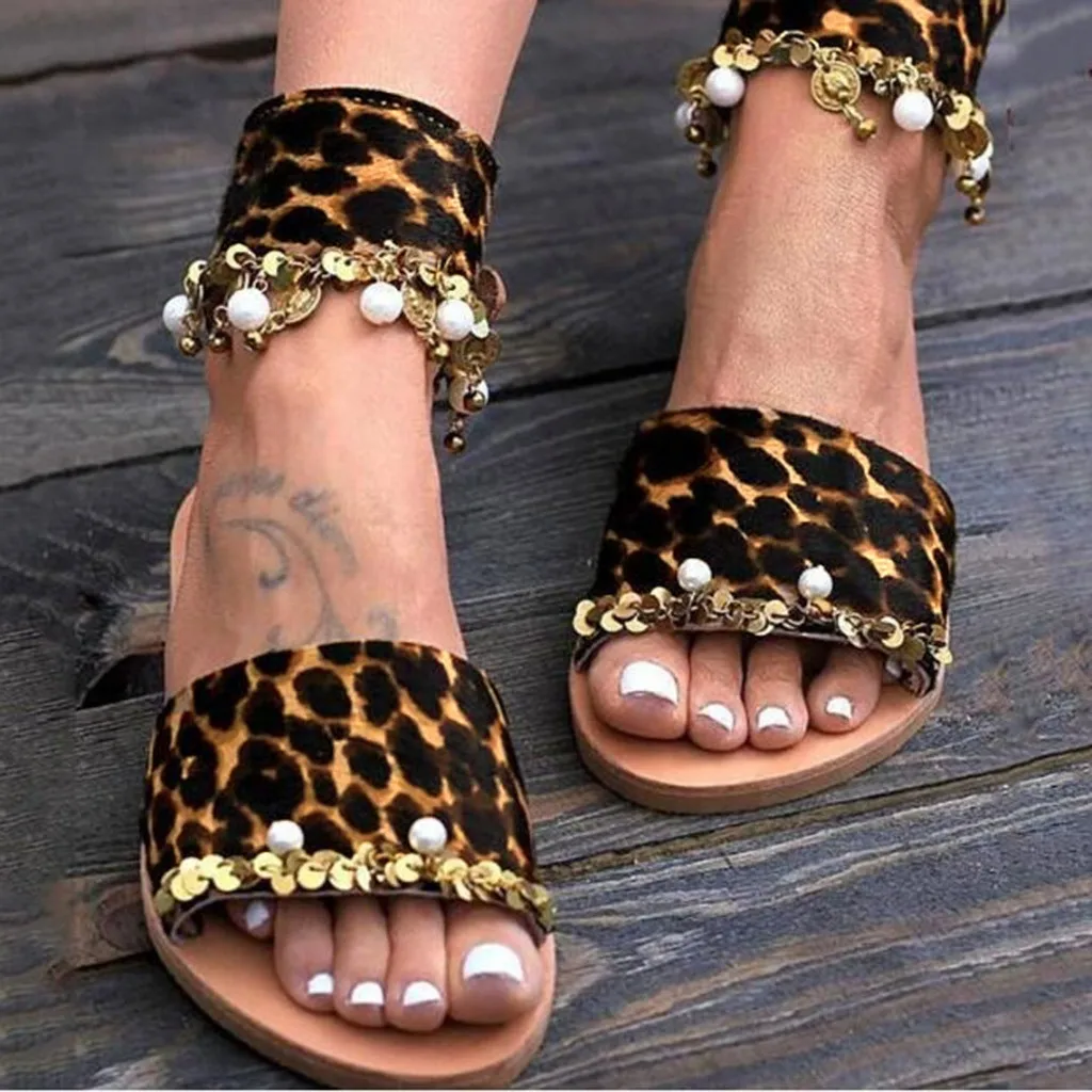 Fashion Women RomanLeopard Metal Rhinestone Ankle Strap Buckle Retro Sandals low heel sandals for women2019 new | Обувь