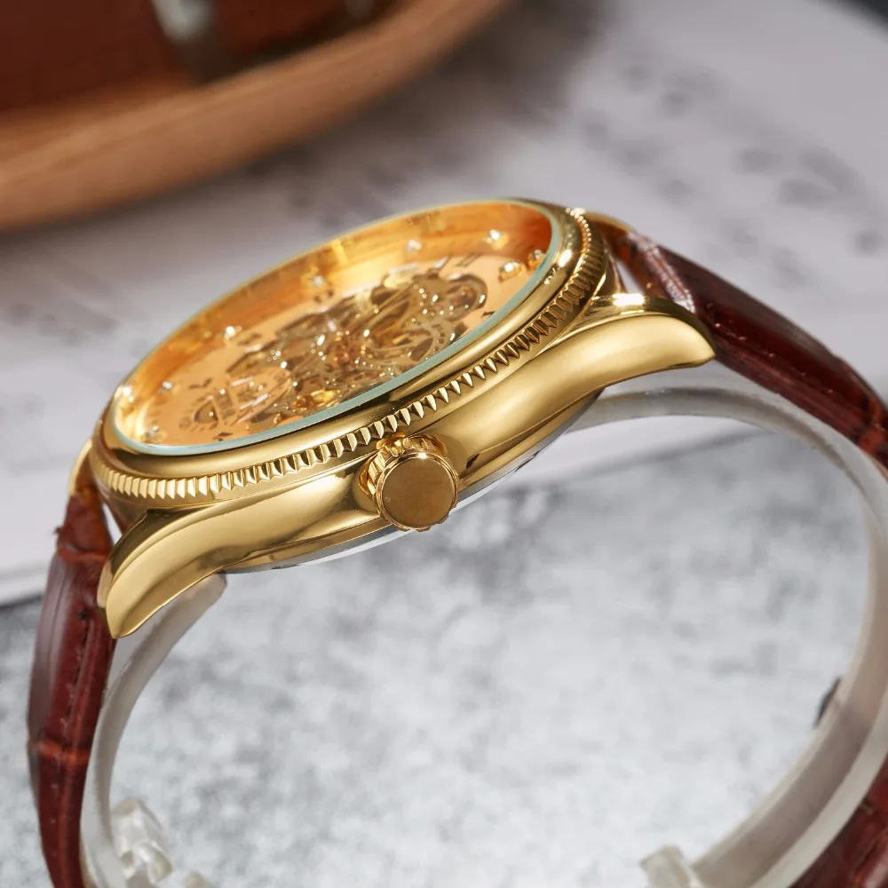 SEWOR механические Автоматические часы для мужчин с кожаным скелетом Mecanico