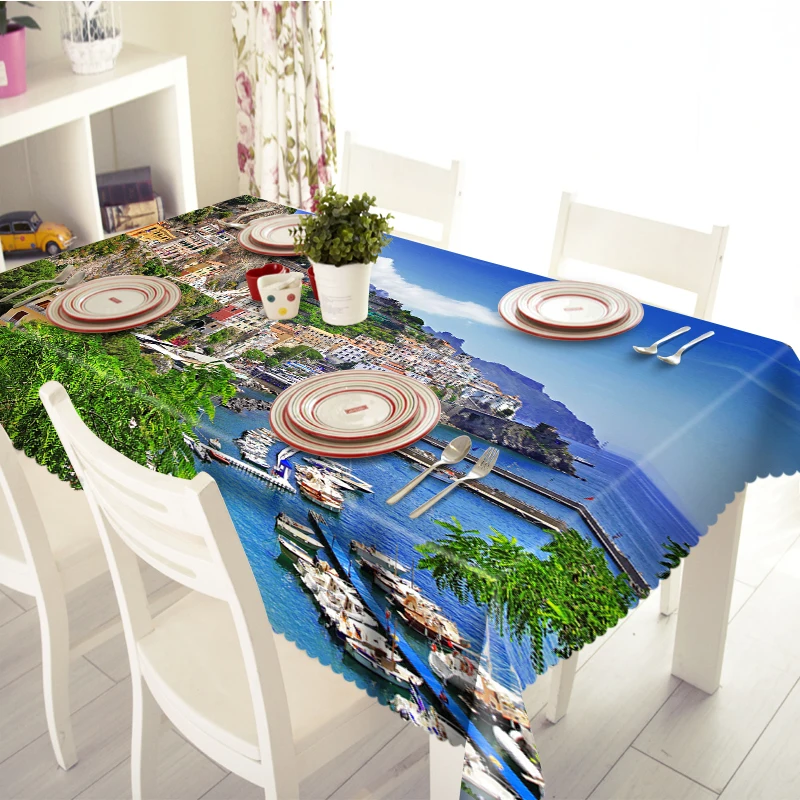 3D Tablecloth Seaside Town Scenic Pattern Waterproof/oil-proof Thicken Polyester Rectangular Wedding Table cloth Home Textiles | Дом и сад
