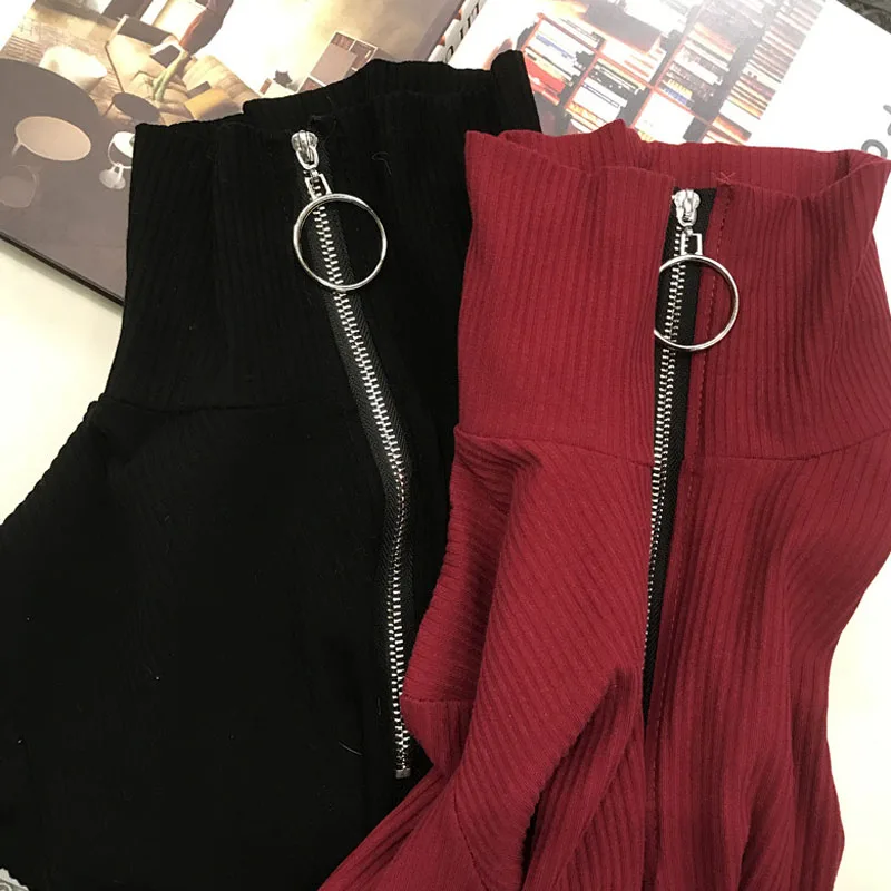 Autumn Winter Women Zipper Sweaters Causal Turtleneck Long Sleeve Knitted Bottom Pullovers Red Black women clothing | Женская одежда