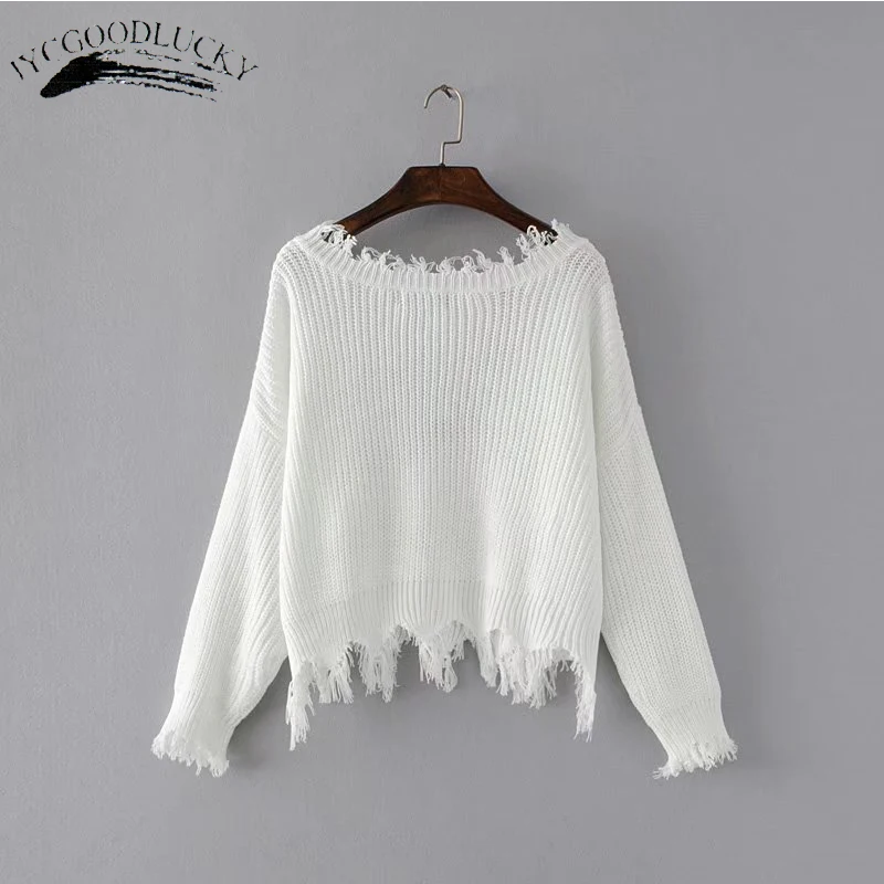 New Fashion 2019 Pullover Ripped Hole Sweaters Loose Jumper Casual White Sweater Women Knitting Pull Long Sleev | Женская одежда