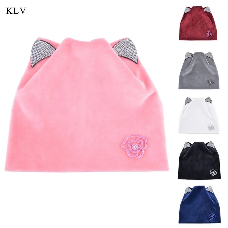KLV New Womens Autumn Winter Flower Sweet Cat Ear Head Hat Velvet Warm Skullies Cap With Shiny Rhinestone Cute Sheathing Bonnet