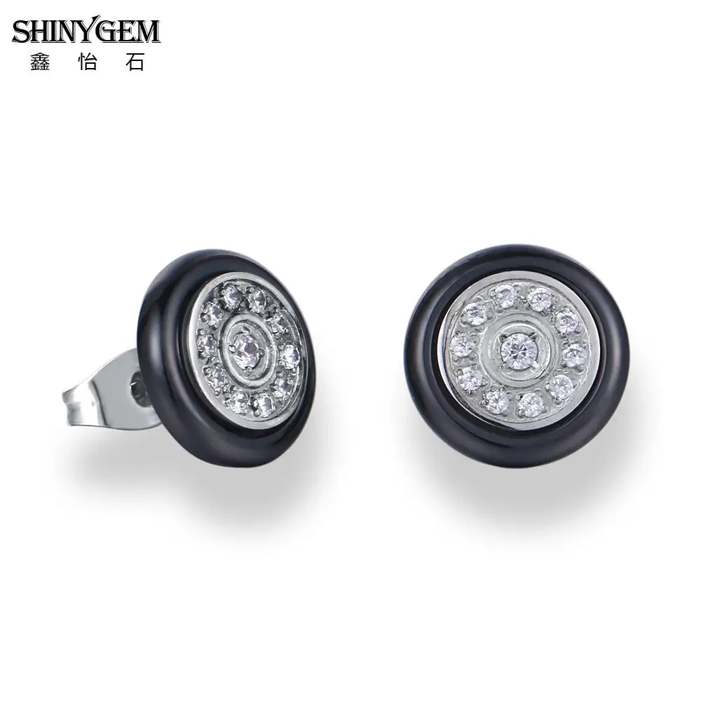 ShinyGem черные белые серьги-гвоздики из керамики круглые/квадратные серьги из нержавеющей стали AAA Белые циркониевые корейские серьги для женщин