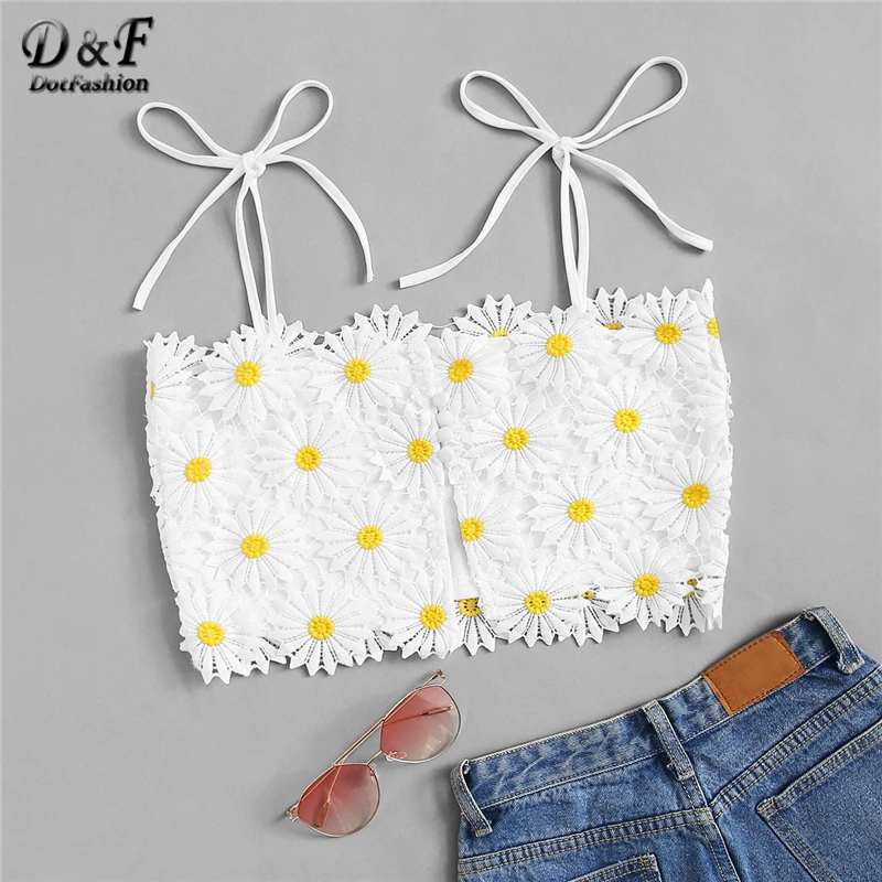 Dotfashion белый укороченный топ с аппликацией на плечах, летняя женская одежда, повседневная майка на бретельках, Женская Облегающая майка в стиле бохо