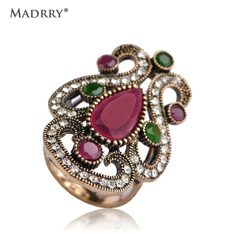 

Beauitiful Sculpture Flowers Turkish Finger Rings Royal Design Antique Gold color Full Crystals Charm Stones Aneis Anel Anillos