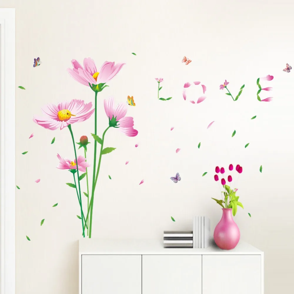 % beautiful daisy flowers butterfly wall decals home decor stickers wedding party living bedroom mural art 3d post wallpaper | Дом и сад