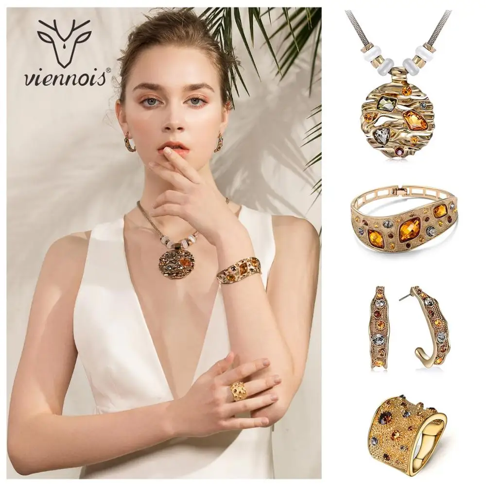 Новинка от Viennois, ювелирные наборы для женщин кофейное золото, украшенные разноцветными кристаллами подвески колье, серьги, кольцо, браслет Ювелирные наборы Роскошные вечерние ювелирные изделия