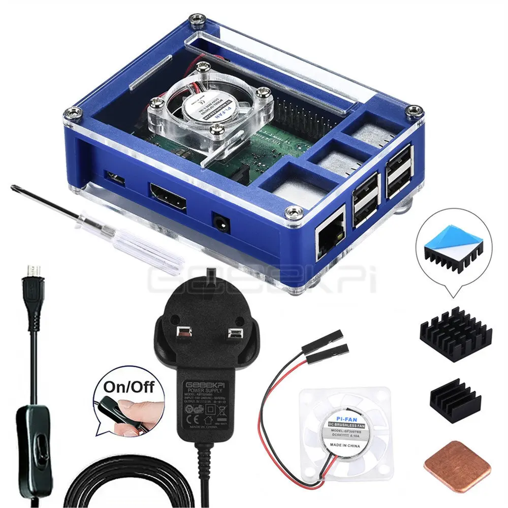 Case with UK adapter GeeekPi акриловый пластиковый синий и прозрачный чехол с дополнительным 5V 2.5A адаптером питания для Raspberry Pi 3B+/3B Plus(не включает - Цвет: Case with UK adapter