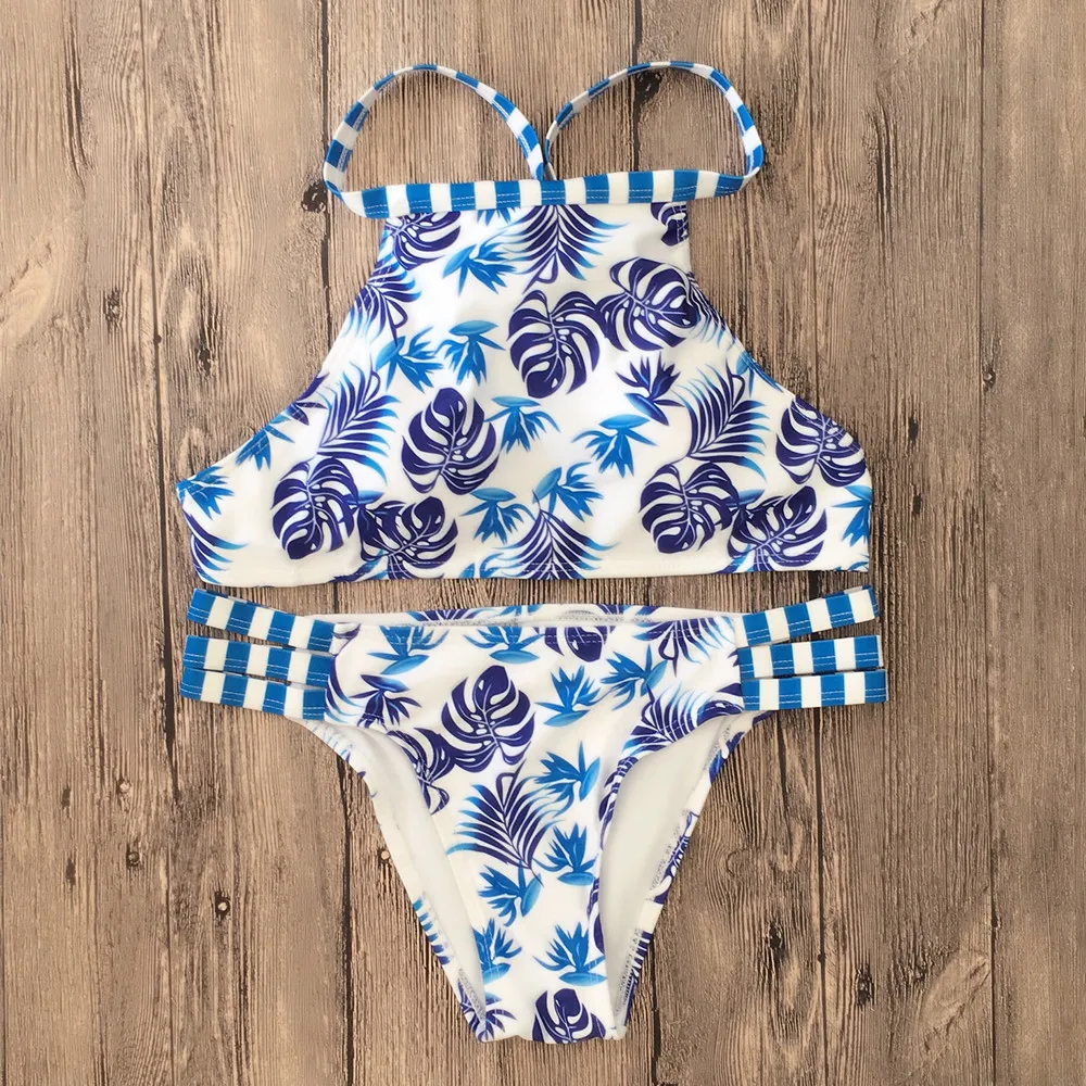 Bikini 2018 Swimwear Women High Neck Swimsuit Bathing Suit Push Up Set Vintage Leaf Print Female Beachwear With Pad |