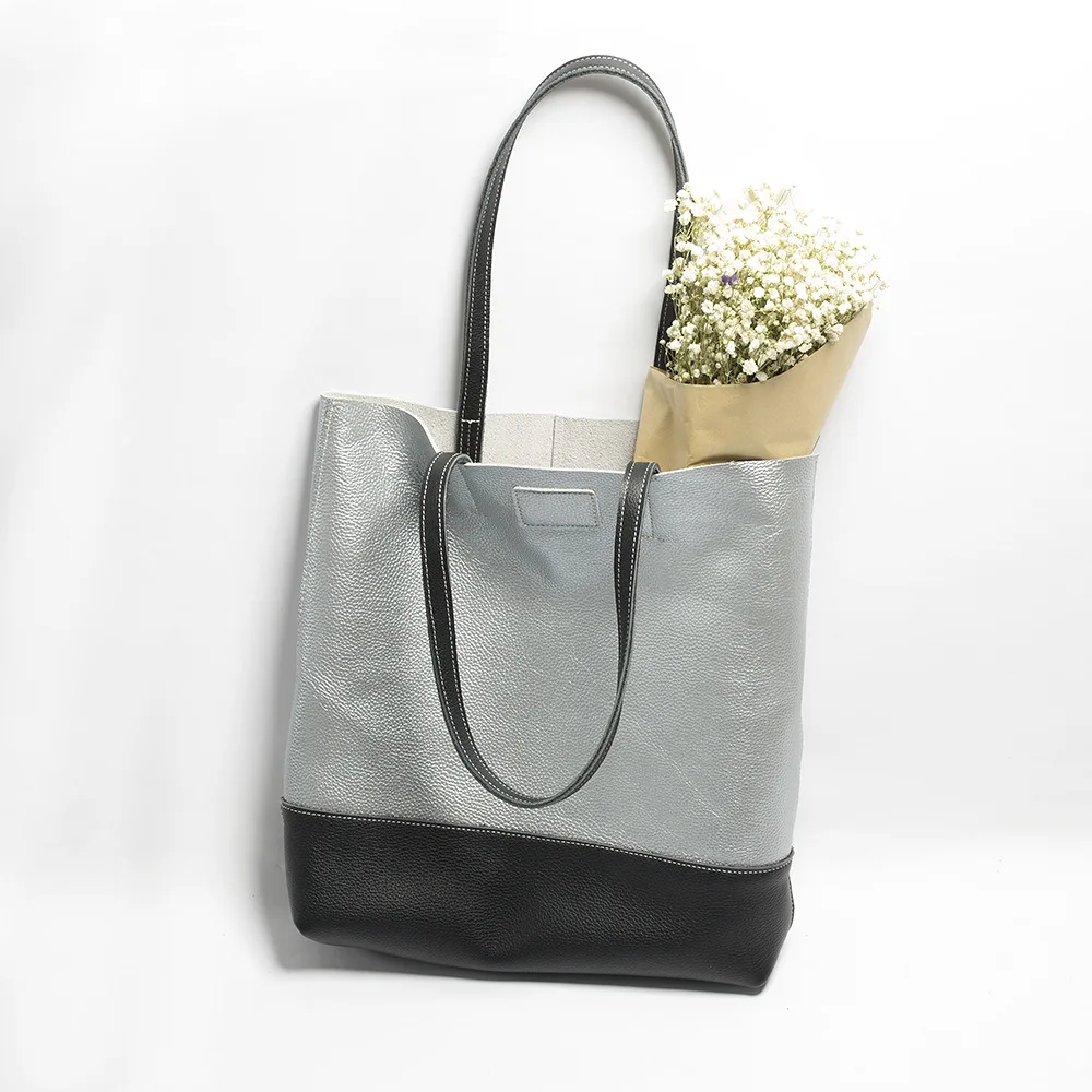 Светло-серый PASTE Women Genuine Leather Tote Bag Panelled Lady Real Leather Tote Girl Leather Hand Bag Spell Color Bucket Bag Luxury Handbag - Цвет: Светло-серый