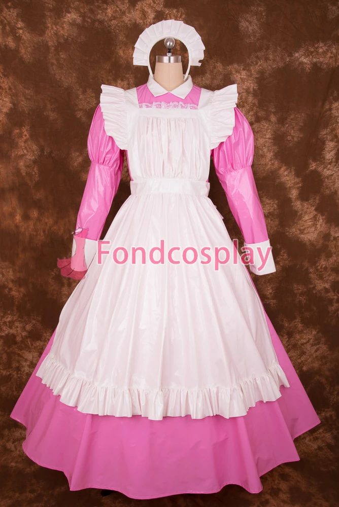 fondcosplay adult sexy cross dressing sissy maid long Lockable Pink thin PVC Dress white apron Costume Uniform CD/TV[P003]