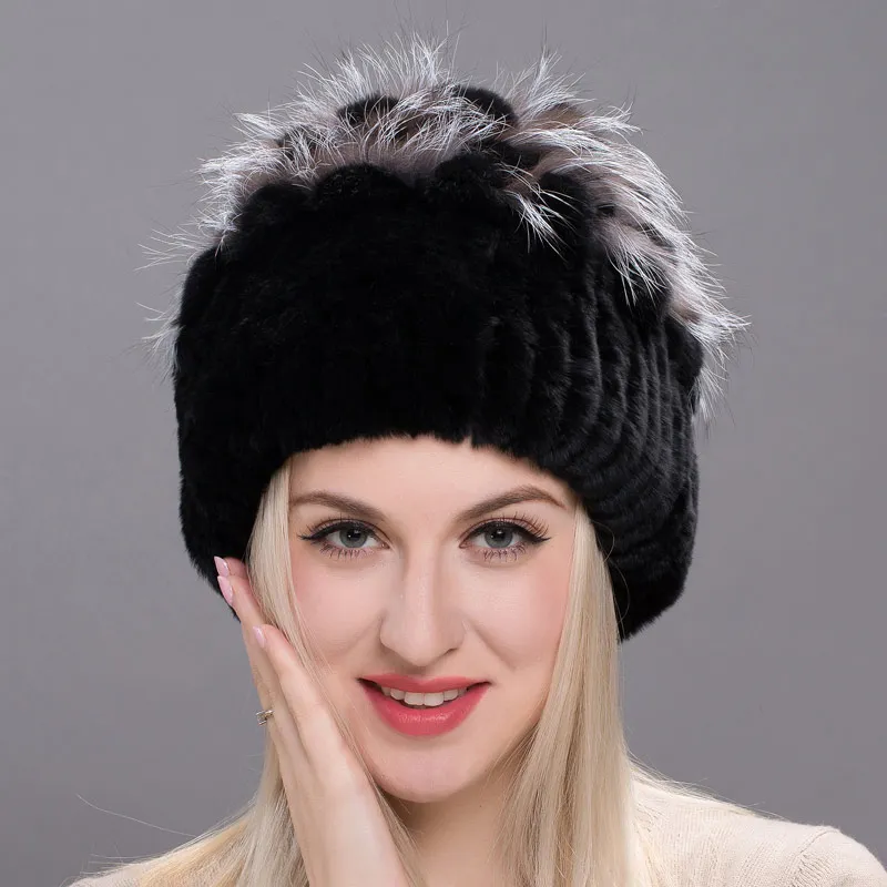

Real Rex Rabbit Fur Hat Female Fur Winter Hat With Ball Knit Fur Hat With Silver Fox Fur Ball Pom Skullies & Beanies DHY17-05A