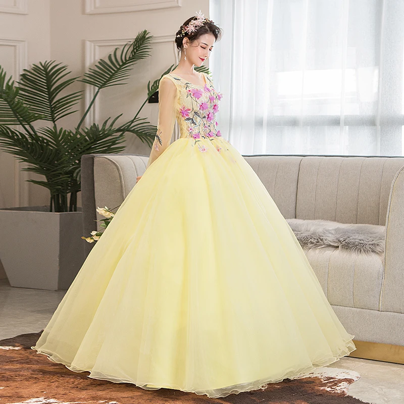 Бальные платья светильник Quinceanera желтого цвета с длинным рукавом Vestidos De 15 Sixteen