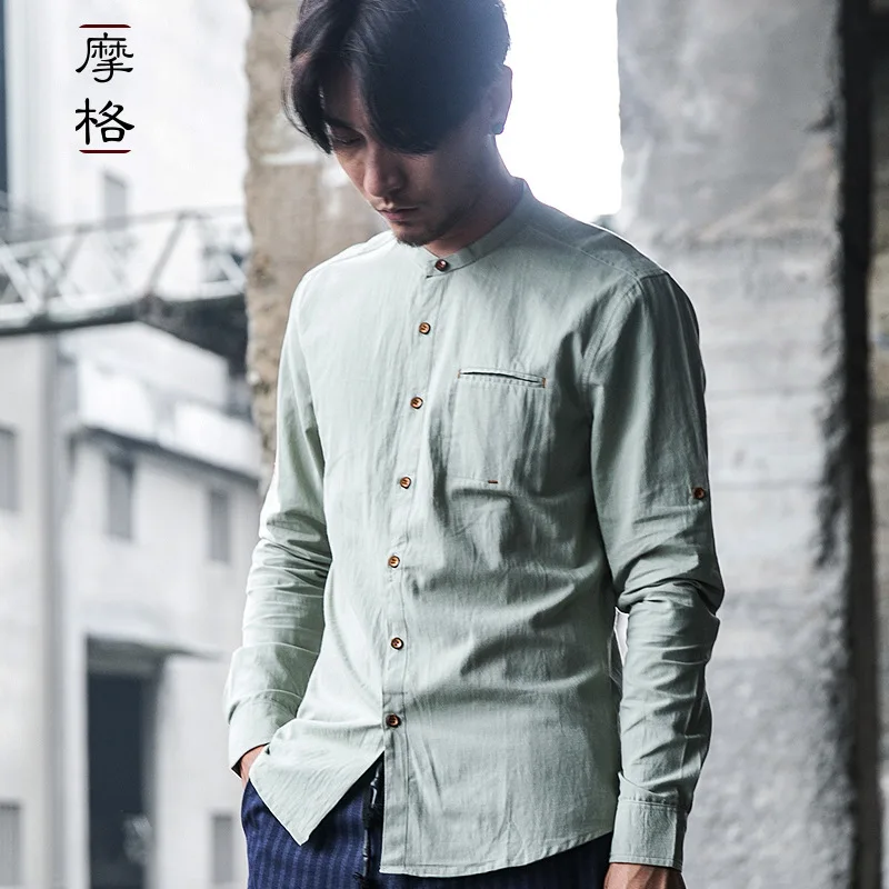 2018 new arrivals Men's stand collar long sleeve shirt with pocket white green blue summer casual shirts men cotton male | Мужская